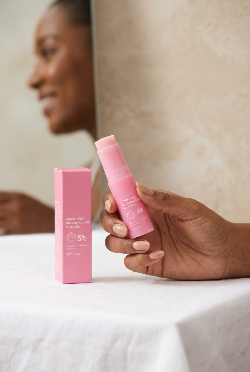 Brown-skinned woman holding the Pink Collagen Plump Repair Balm Stick